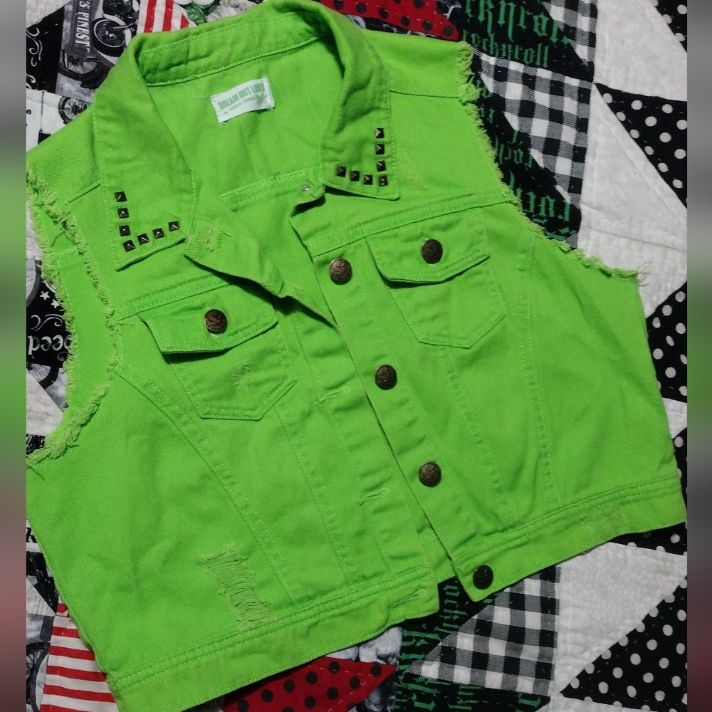 Lime Green Studded Denim Vest